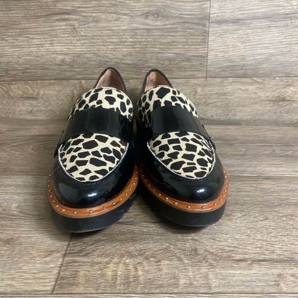 Halogen Leopard Calf Hair Chunky Studded Loafer Black Leather Animal Print W6 - Picture 4 of 6